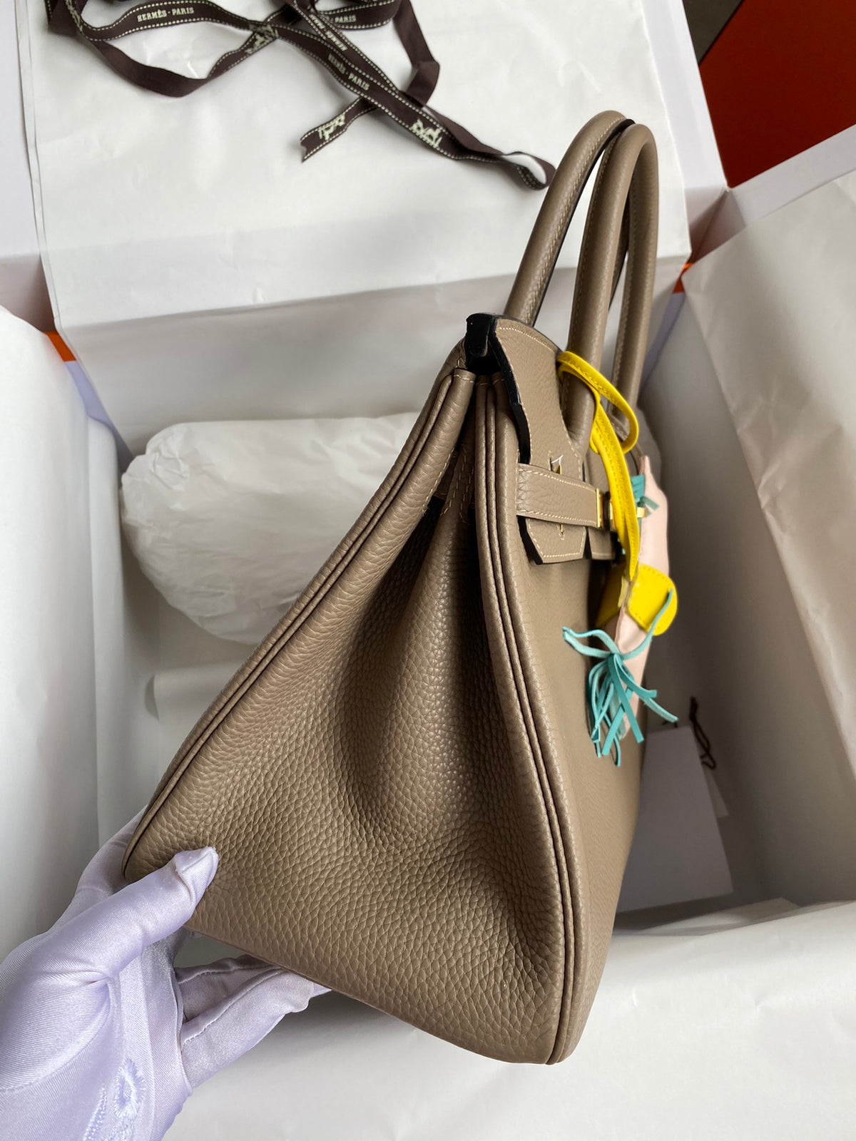 Hermes Birkin 25 Etoupe Togo Leather Handbag with Gold Hardware &amp; Rodeo Charm