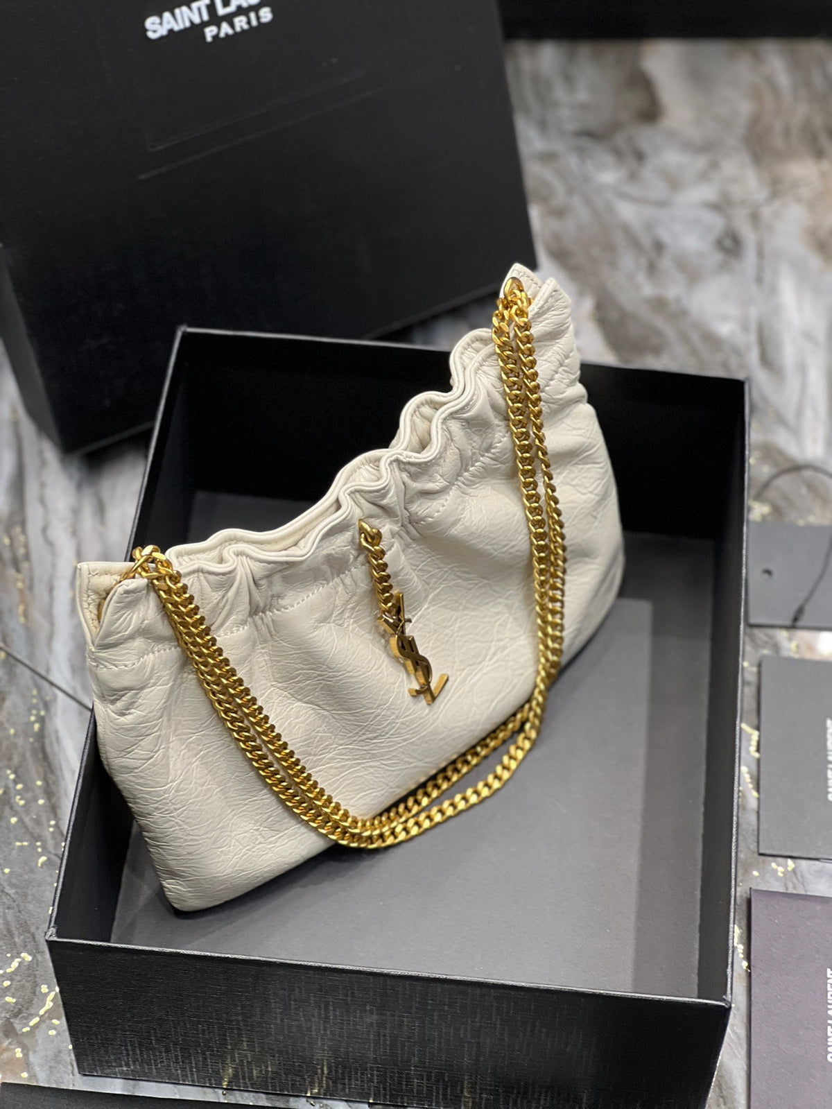Saint Laurent YSL Mini Pouch in White Leather with Gold-Tone Chain Strap