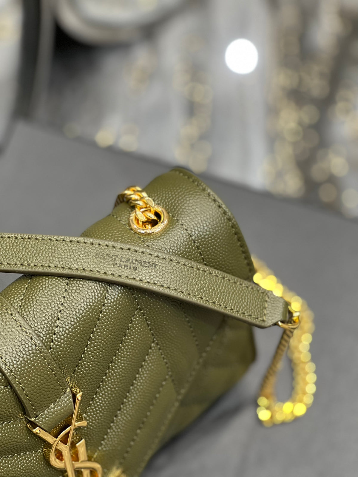 Saint Laurent Cassandre Matelassé Chain Wallet in Olive Green Quilted Leather