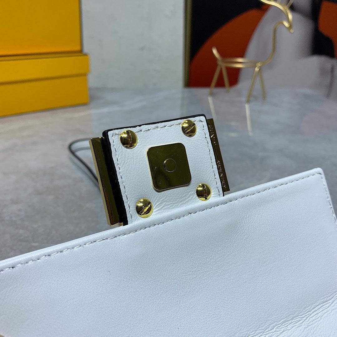 White Embossed Logo Baguette Crossbody Bag with Gold Chain Strap