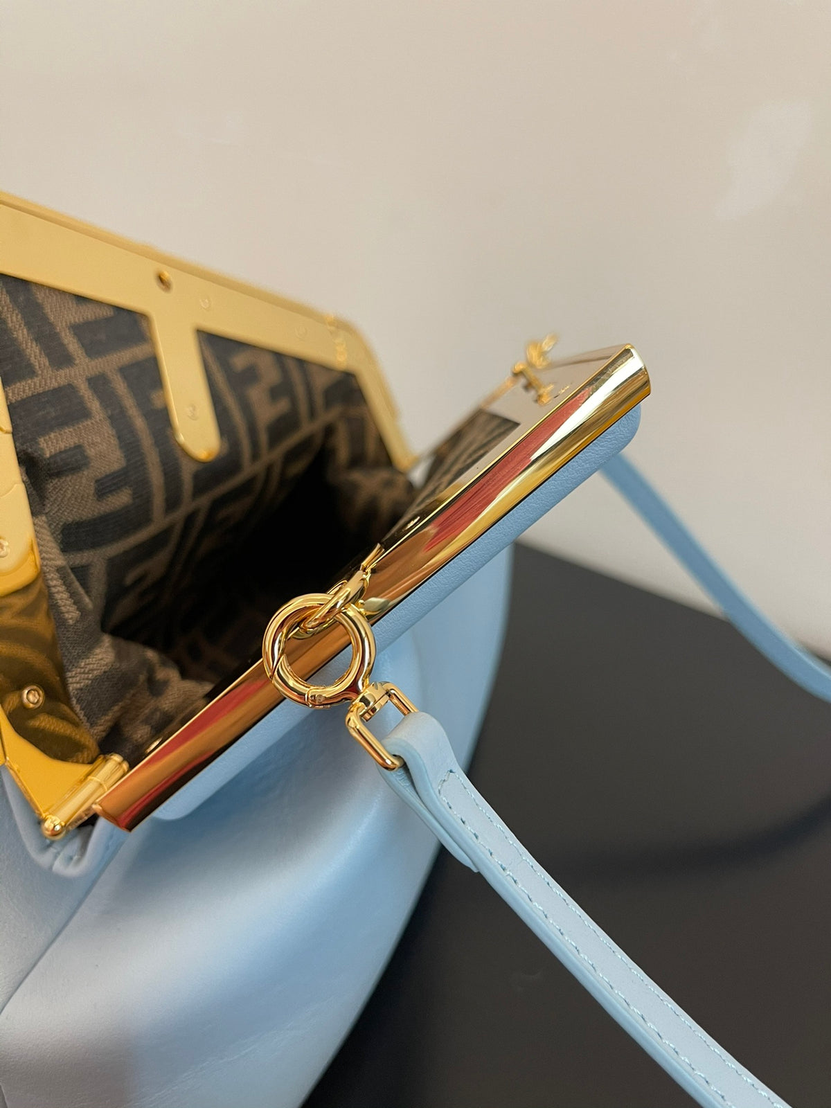 Small Light Blue Leather Frame Clutch - Elegant Asymmetric Crossbody Bag with Gold Hardware