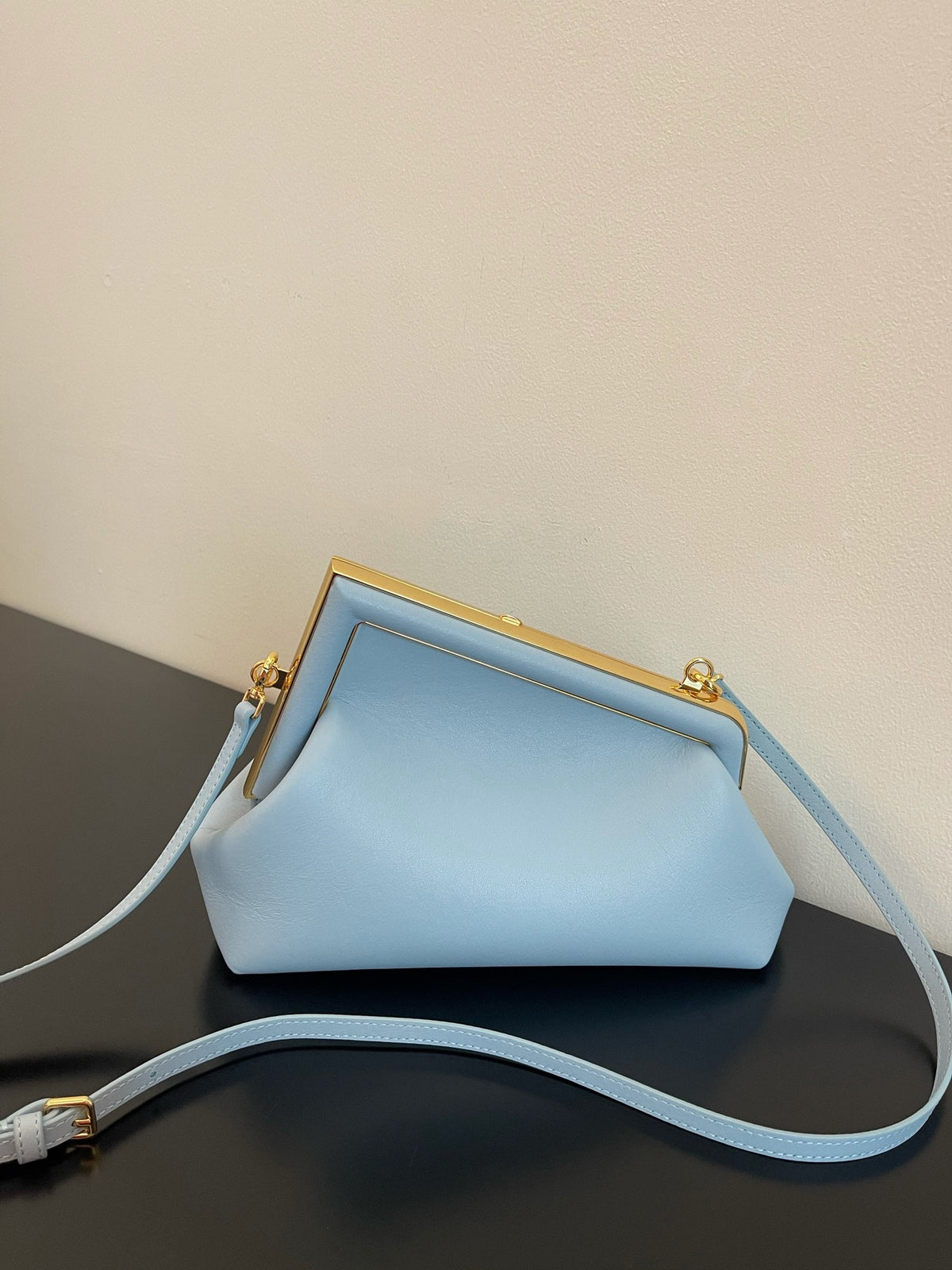 Small Light Blue Leather Frame Clutch - Elegant Asymmetric Crossbody Bag with Gold Hardware