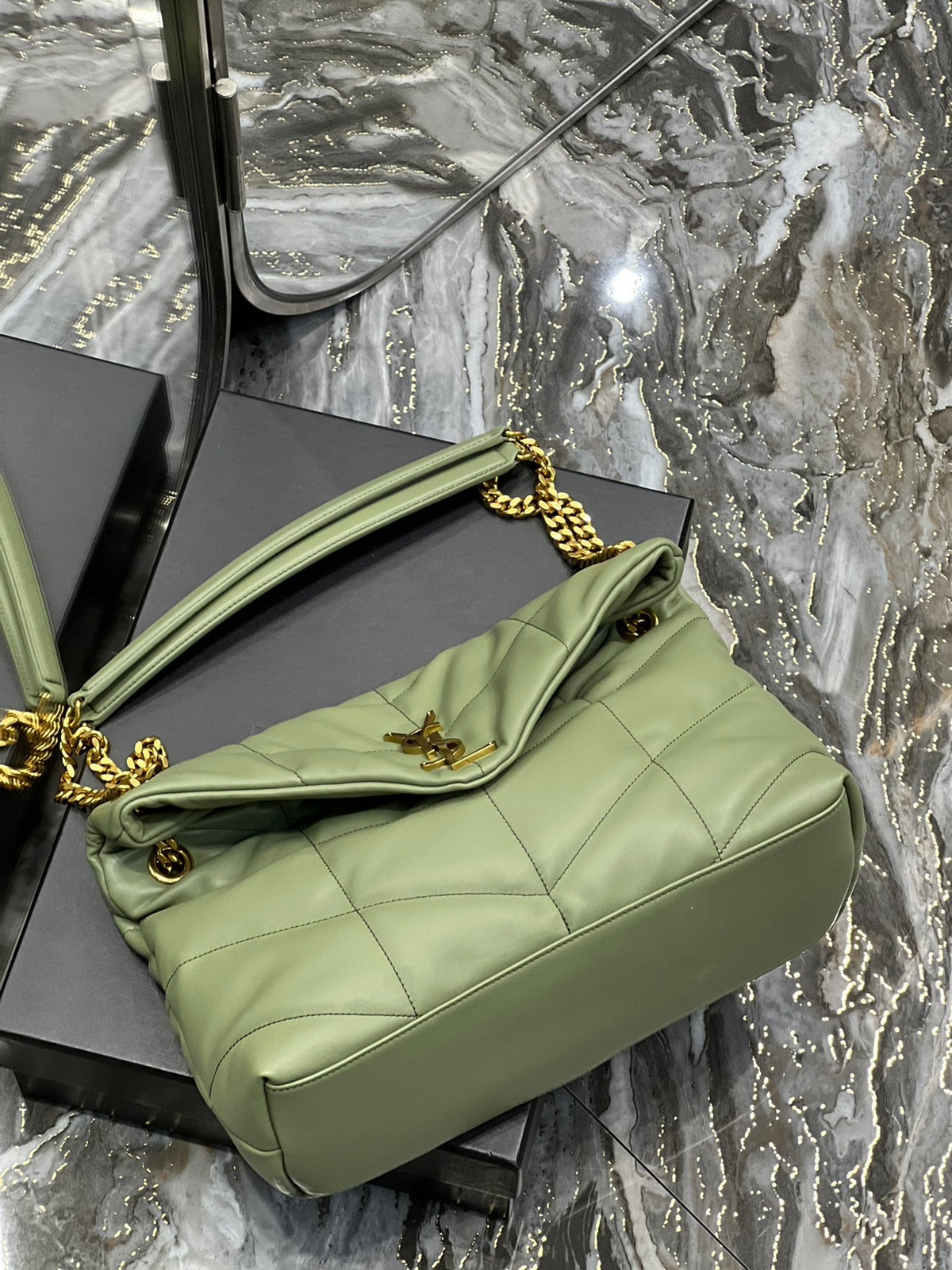 Saint Laurent Loulou Small Quilted Leather Shoulder Bag in Sage Green with Gold Hardware