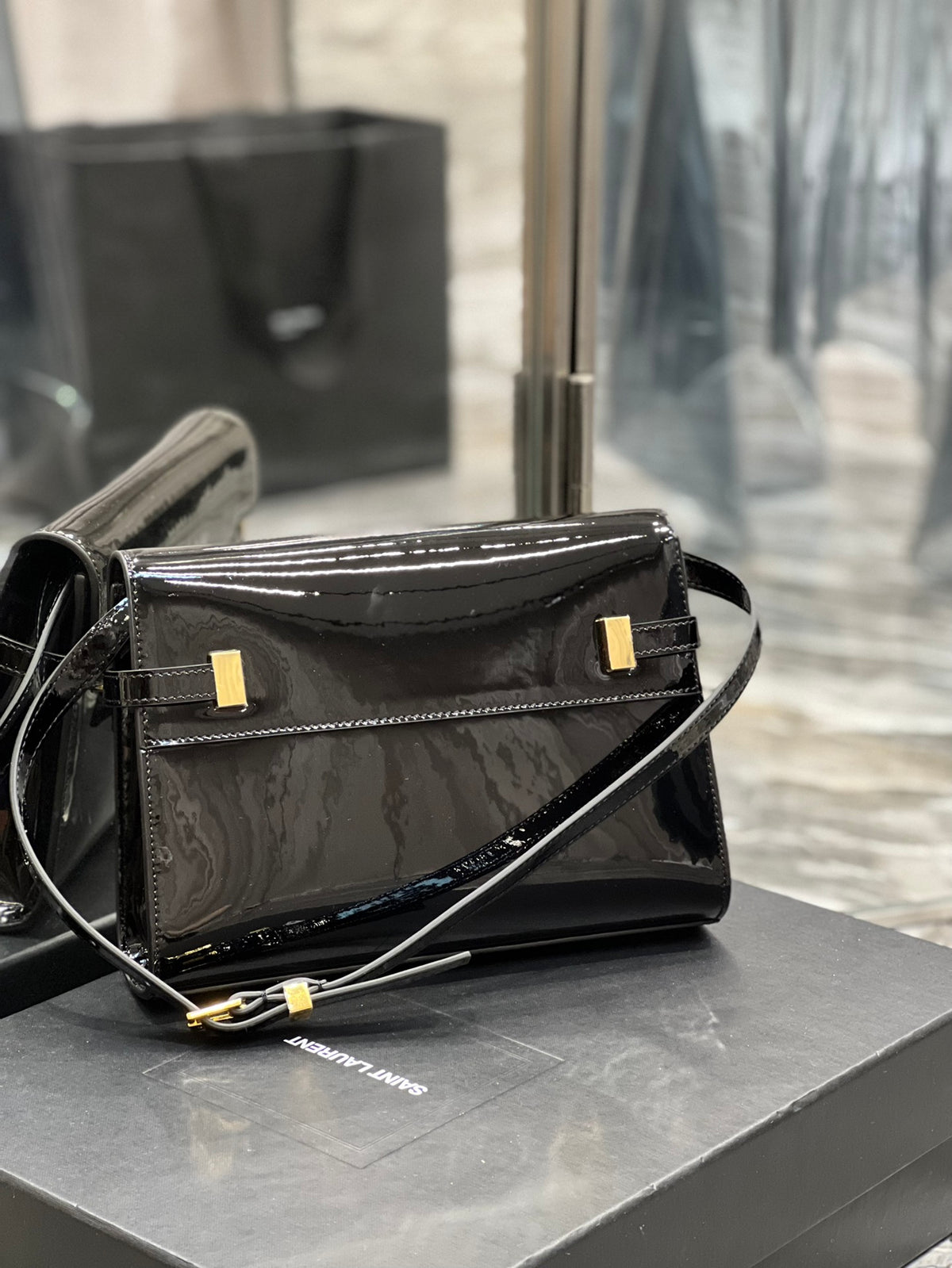 Saint Laurent Manhattan Mini Shoulder Bag in Black Patent Leather