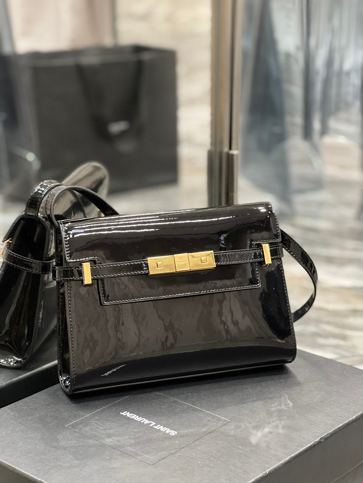 Saint Laurent Manhattan Mini Shoulder Bag in Black Patent Leather