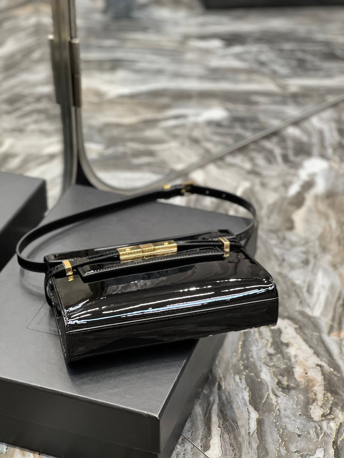 Saint Laurent Manhattan Mini Shoulder Bag in Black Patent Leather