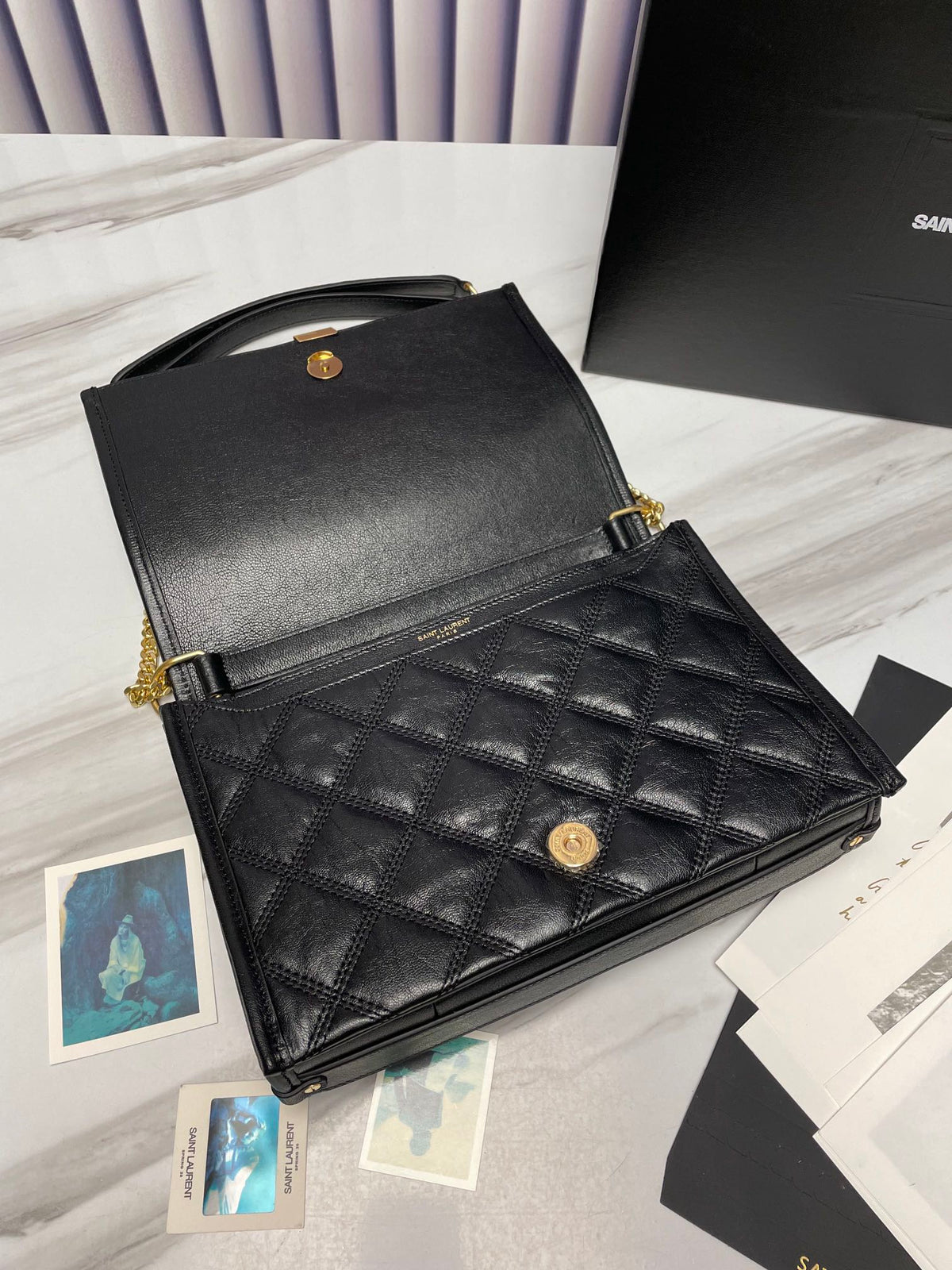 Saint Laurent Black Quilted Leather Monogram Shoulder Bag with Gold Hardware