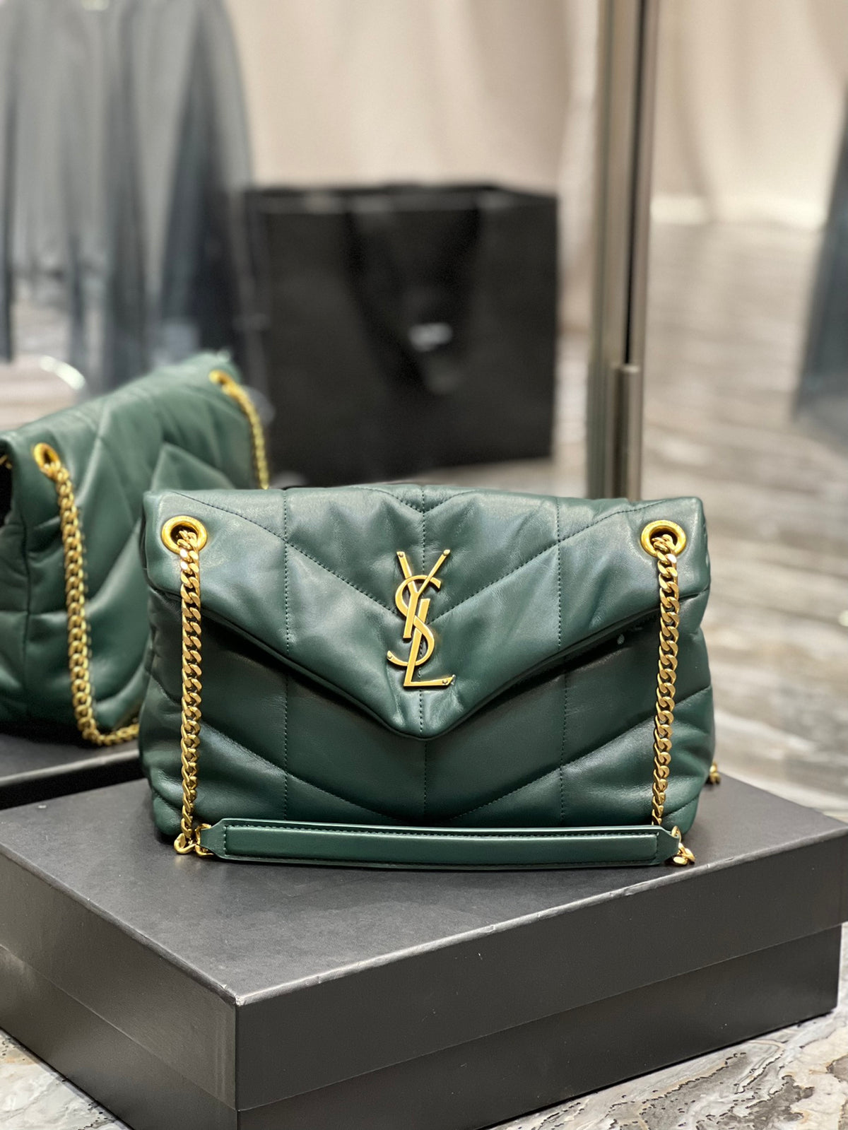 Saint Laurent Small Loulou Puffer Shoulder Bag in Dark Green Quilted Leather