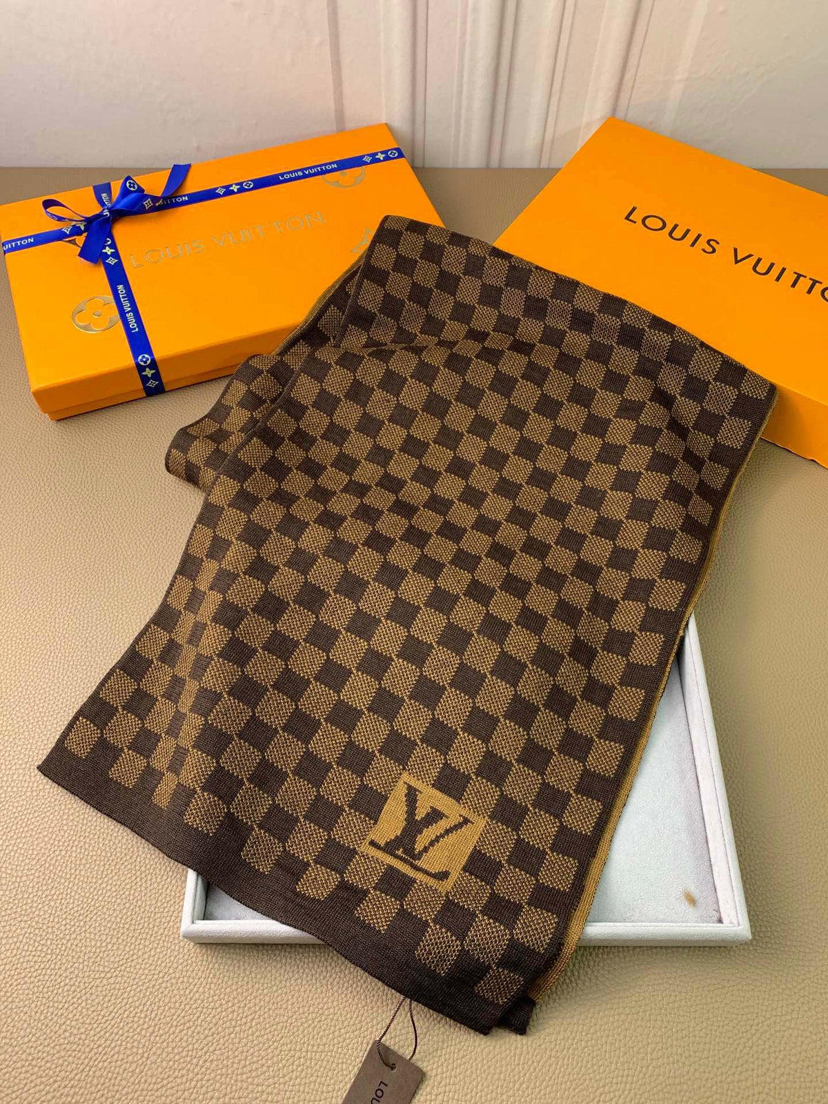 Louis Vuitton Damier Ebene Brown Checkered Scarf with LV Logo and Presentation Box