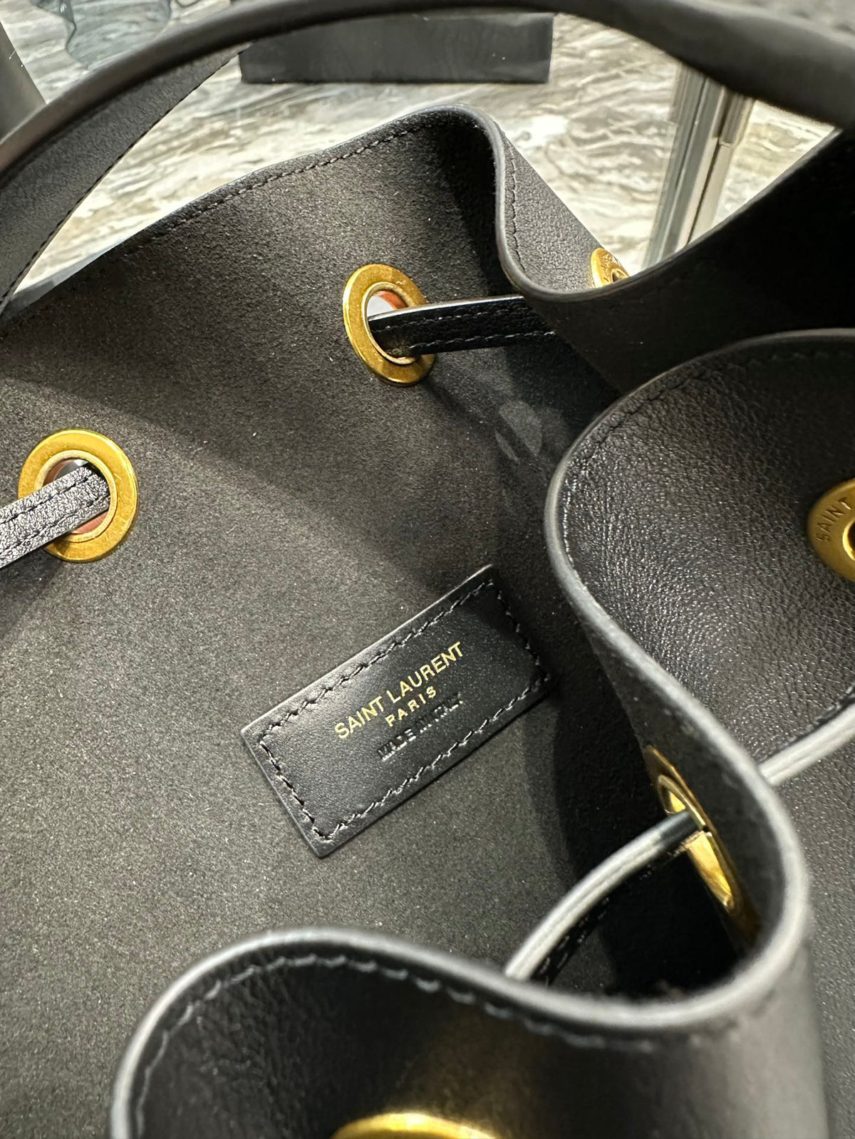 Saint Laurent Leather Drawstring Bucket Bag with Detachable Pouch - Black