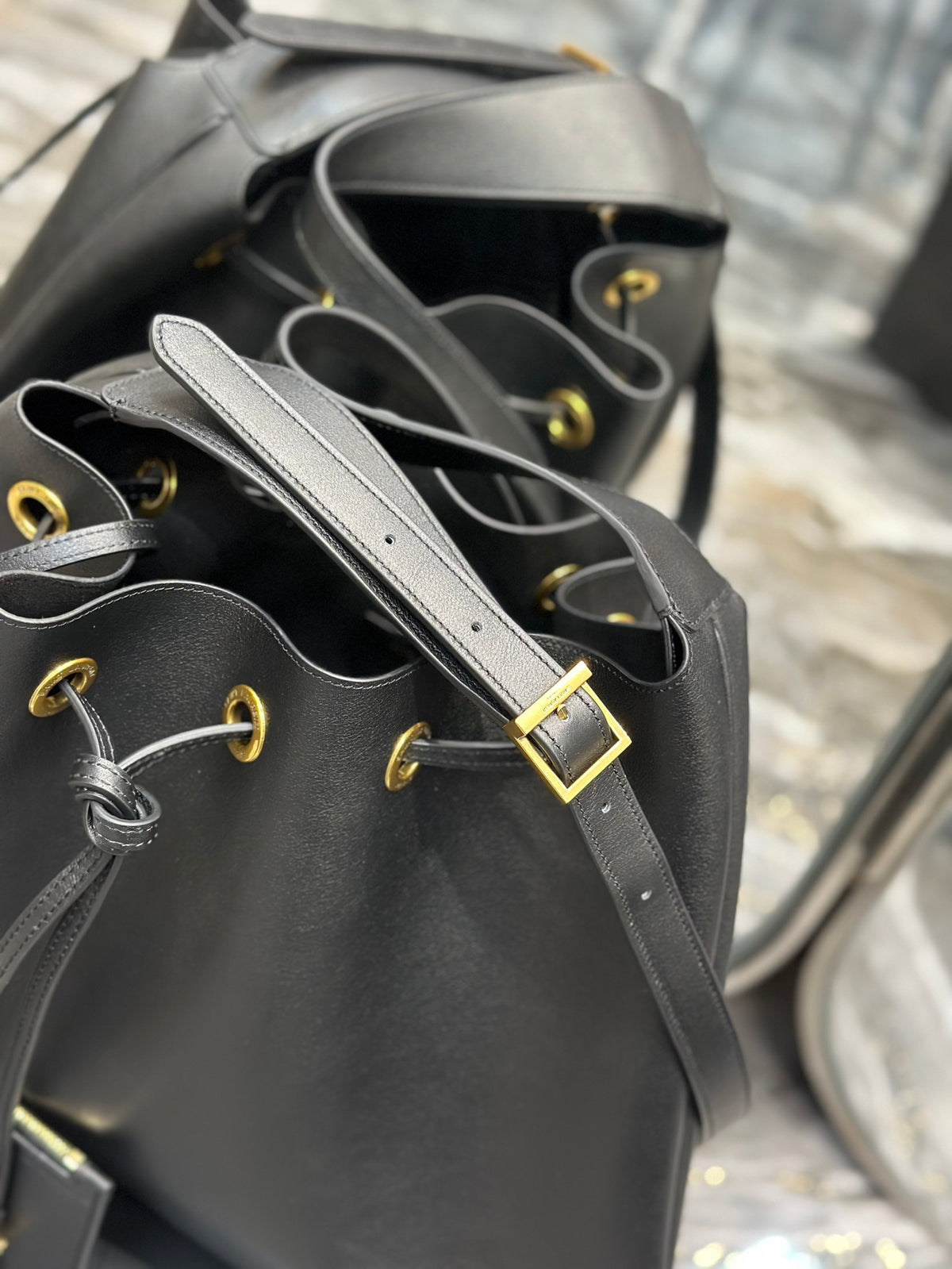 Saint Laurent Leather Drawstring Bucket Bag with Detachable Pouch - Black