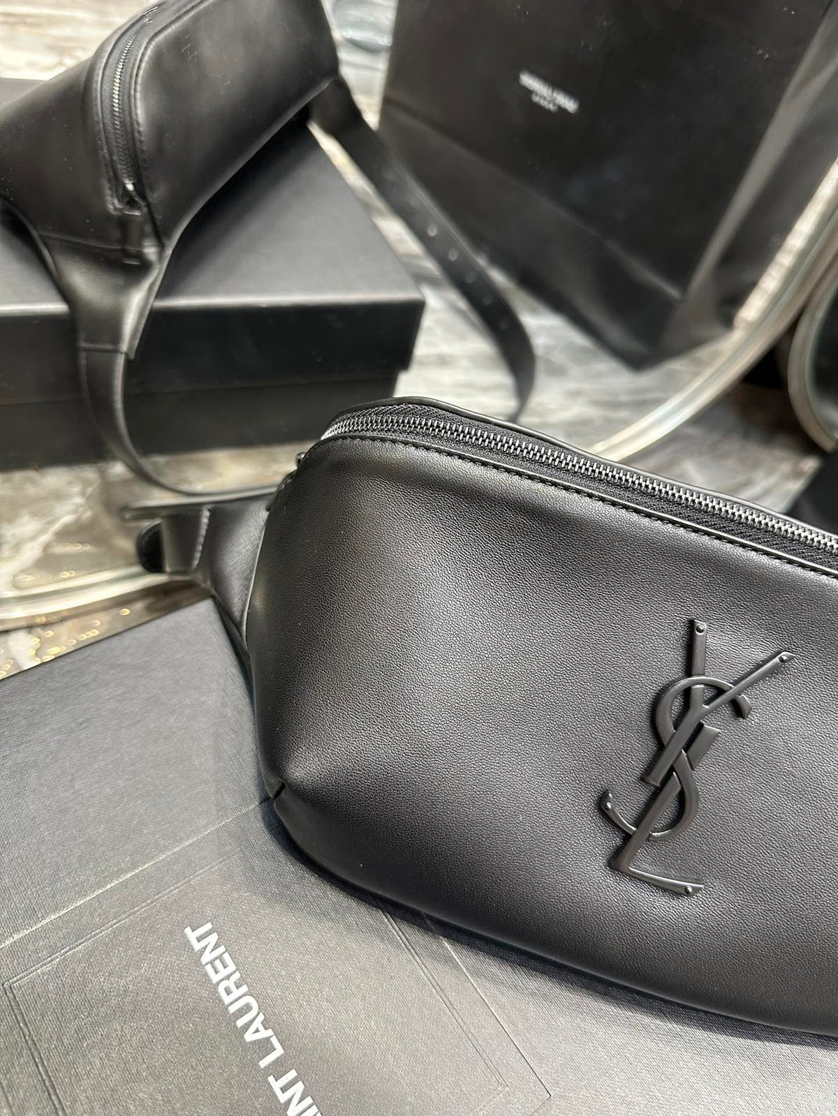 Saint Laurent Cassandre Belt Bag in Smooth Black Leather