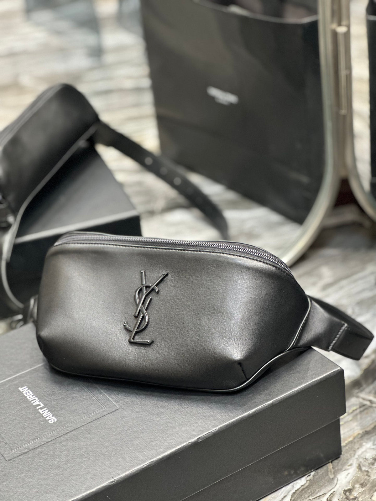 Saint Laurent Monogram Leather Belt Bag - Black with Matte Black Hardware