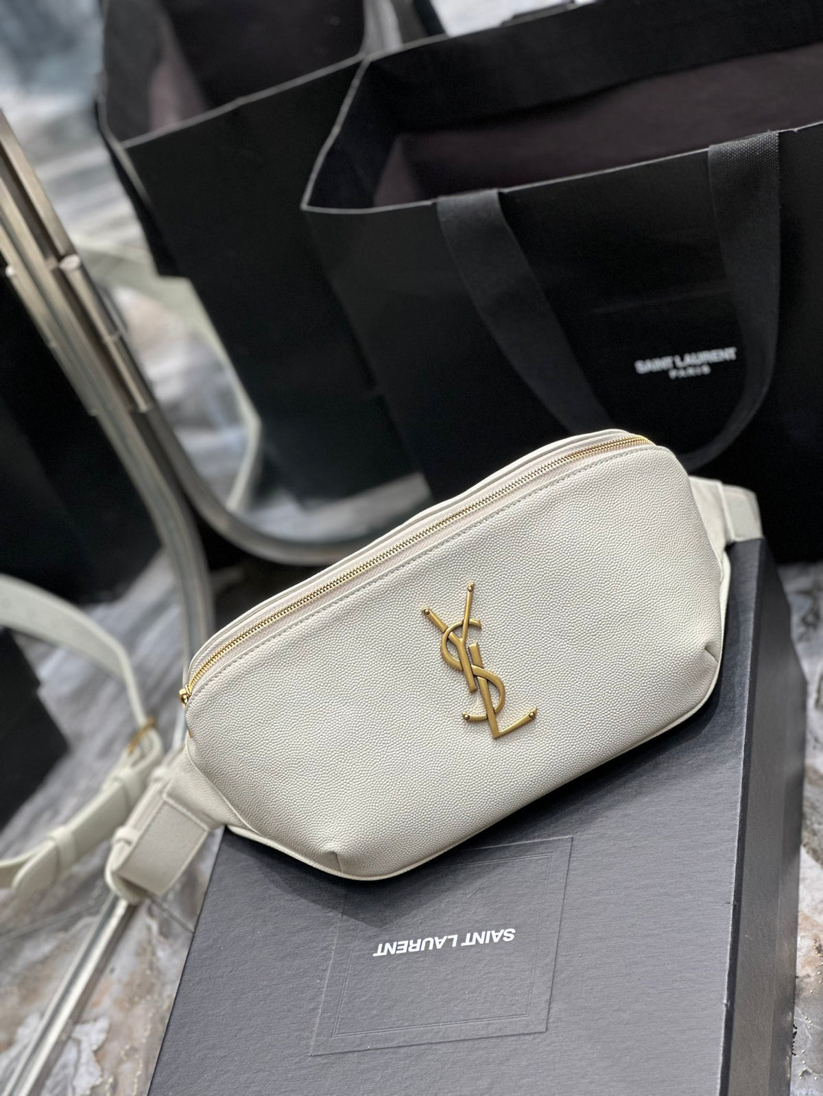 Saint Laurent Cassandre Leather Belt Bag - White with Gold-Tone Hardware