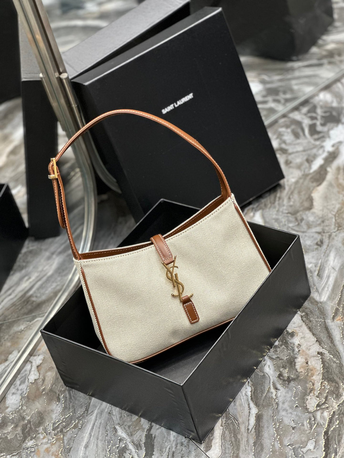 Saint Laurent LE 5 À 7 Hobo Bag in Canvas and Smooth Leather - Beige/Brown