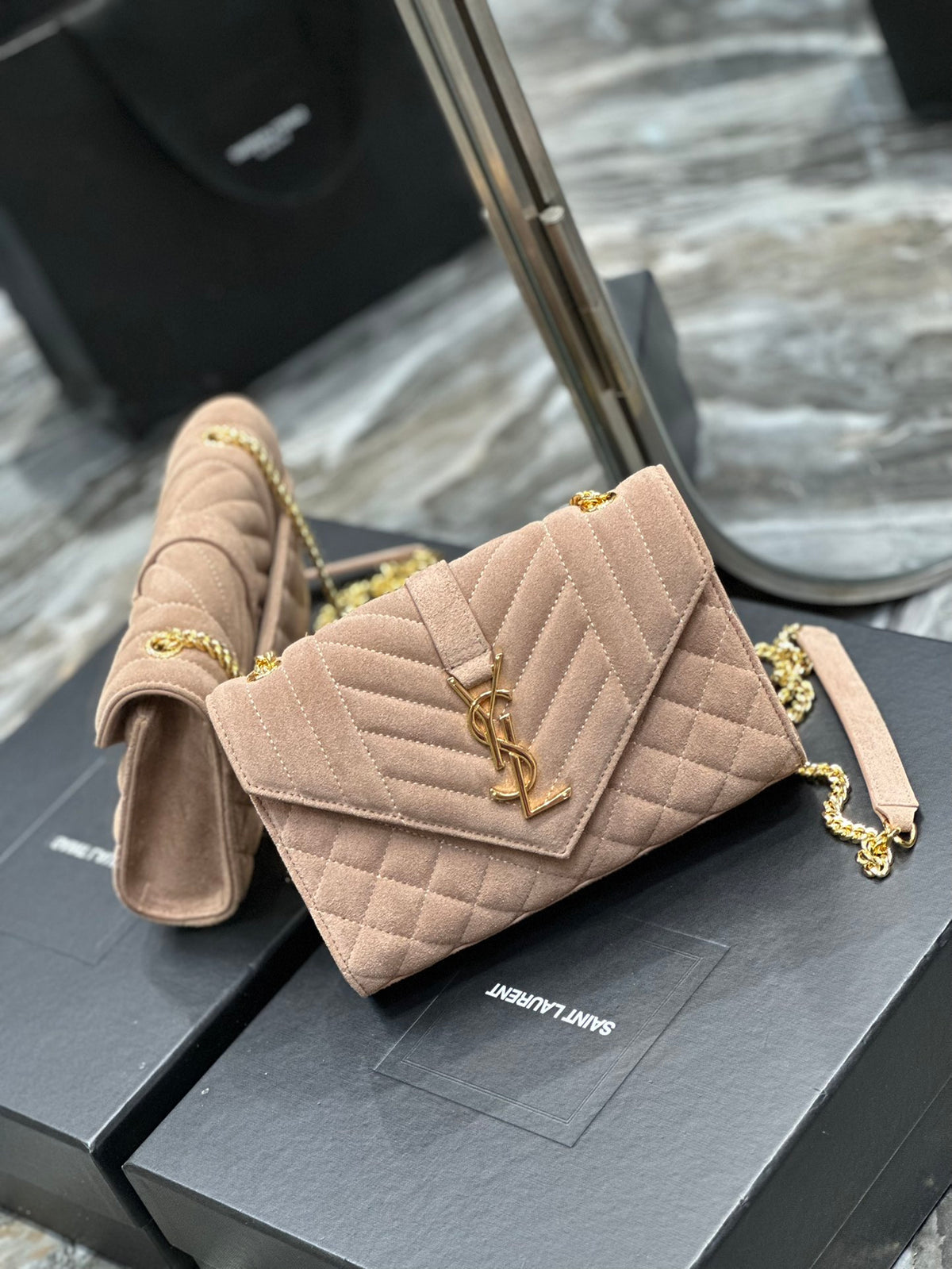 Saint Laurent Envelope Medium Chain Bag in Quilted Suede - Beige