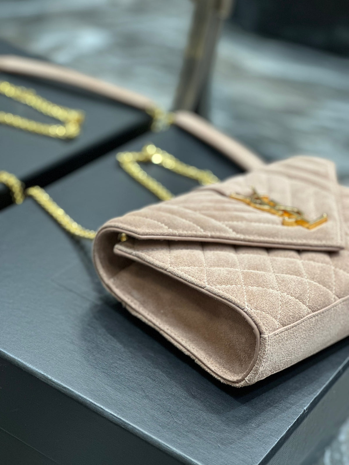 Saint Laurent Envelope Medium Chain Bag in Quilted Suede - Beige