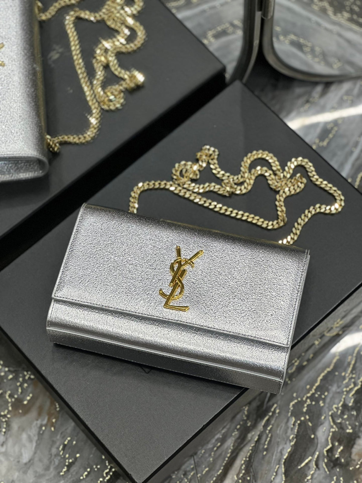 Saint Laurent Kate Medium Silver Glitter Shoulder Bag with Gold Hardware