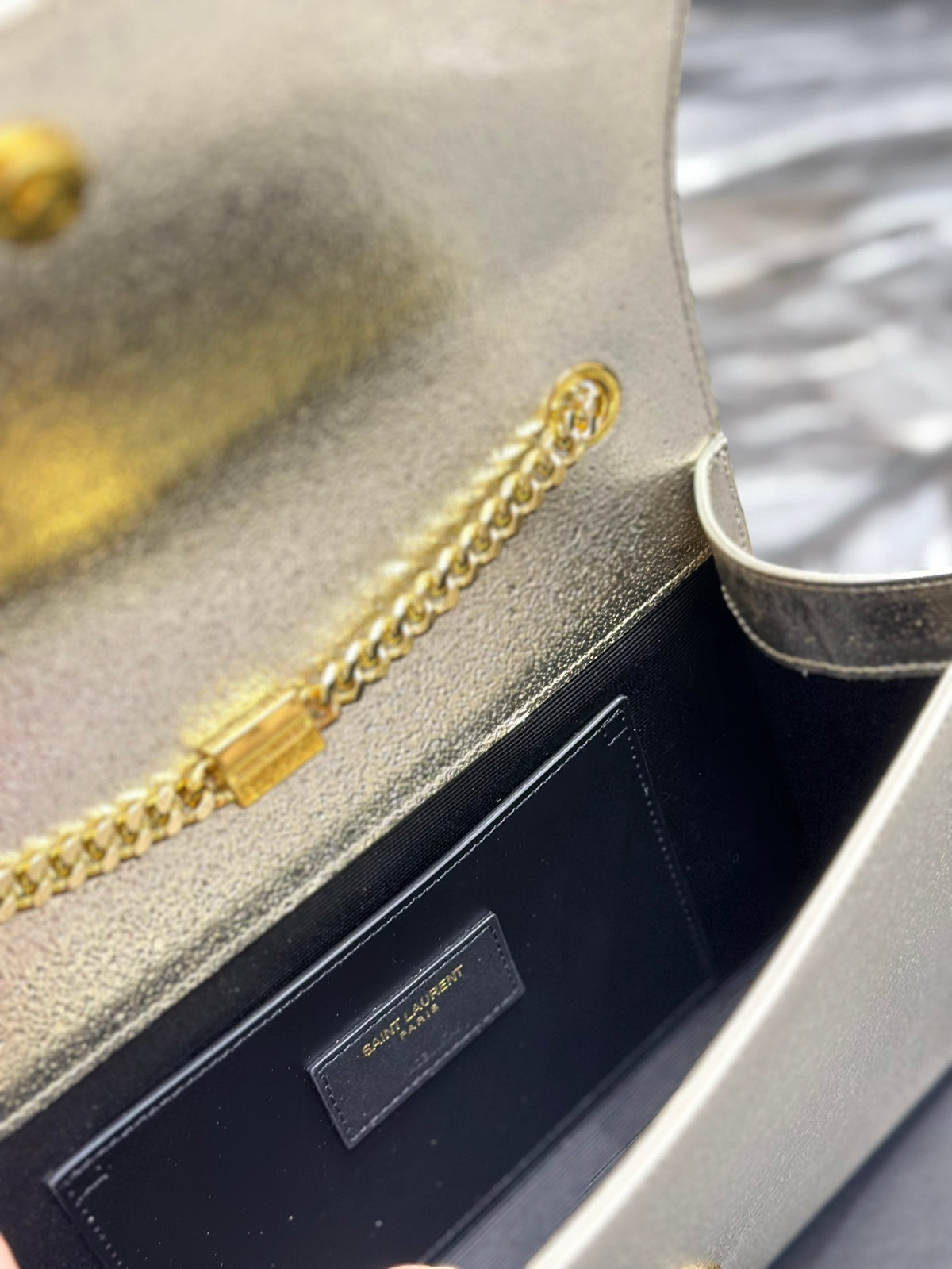 Saint Laurent Cassandre Chain Wallet in Metallic Gold Leather