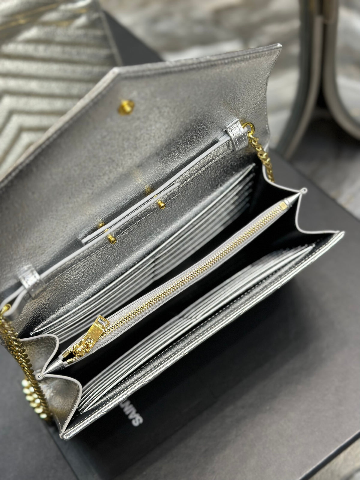 Saint Laurent Monogram Matelassé Leather Chain Wallet - Silver/Gold