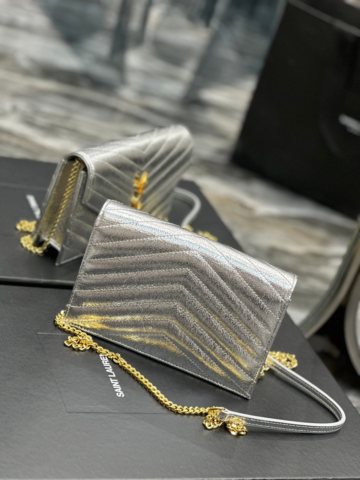Saint Laurent Monogram Silver Quilted Leather Wallet on Chain with Gold Hardware