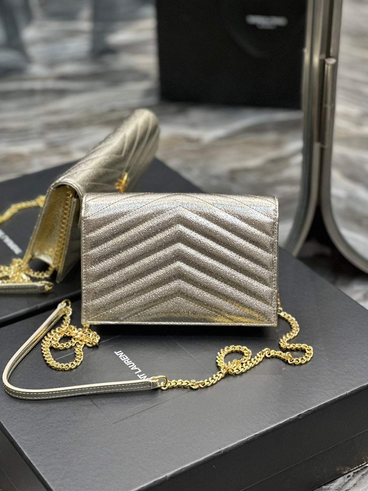 Saint Laurent Cassandre Matelassé Quilted Leather Wallet on Chain - Cream/Gold