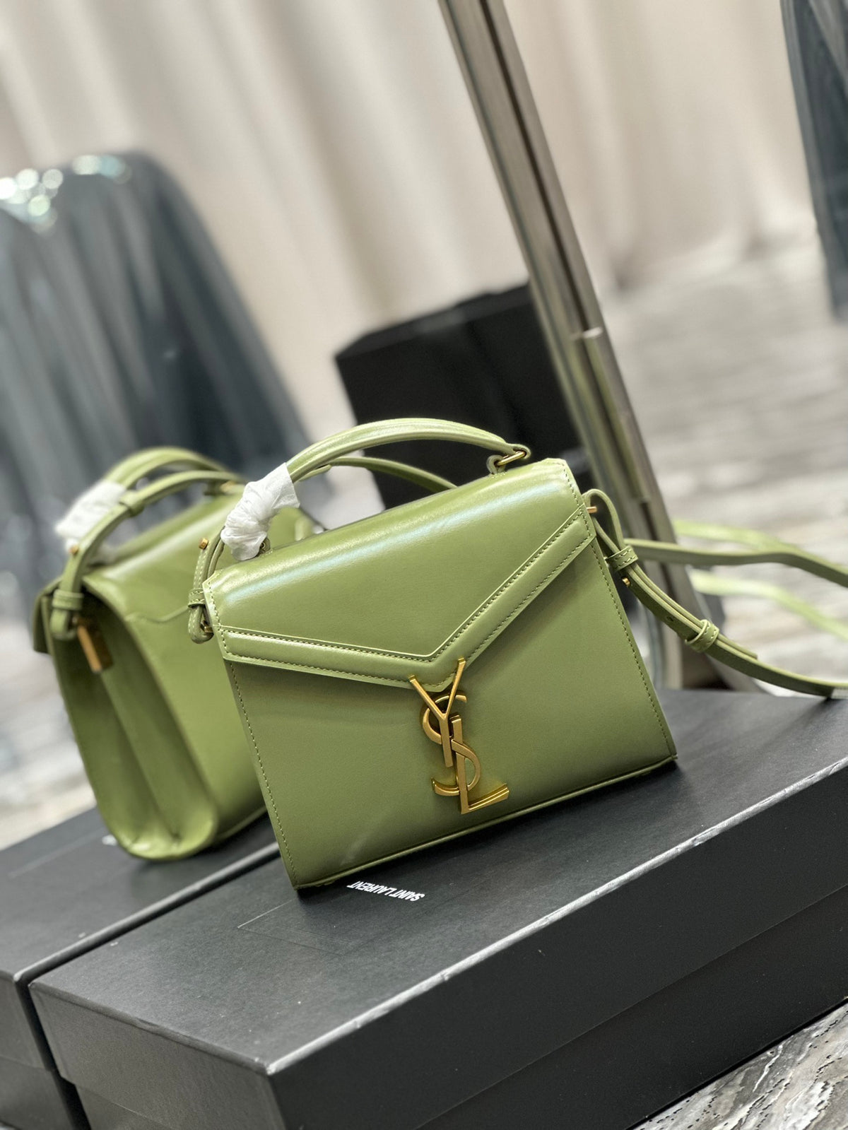 Saint Laurent Cassandra Mini Top Handle Bag in Sage Green Leather