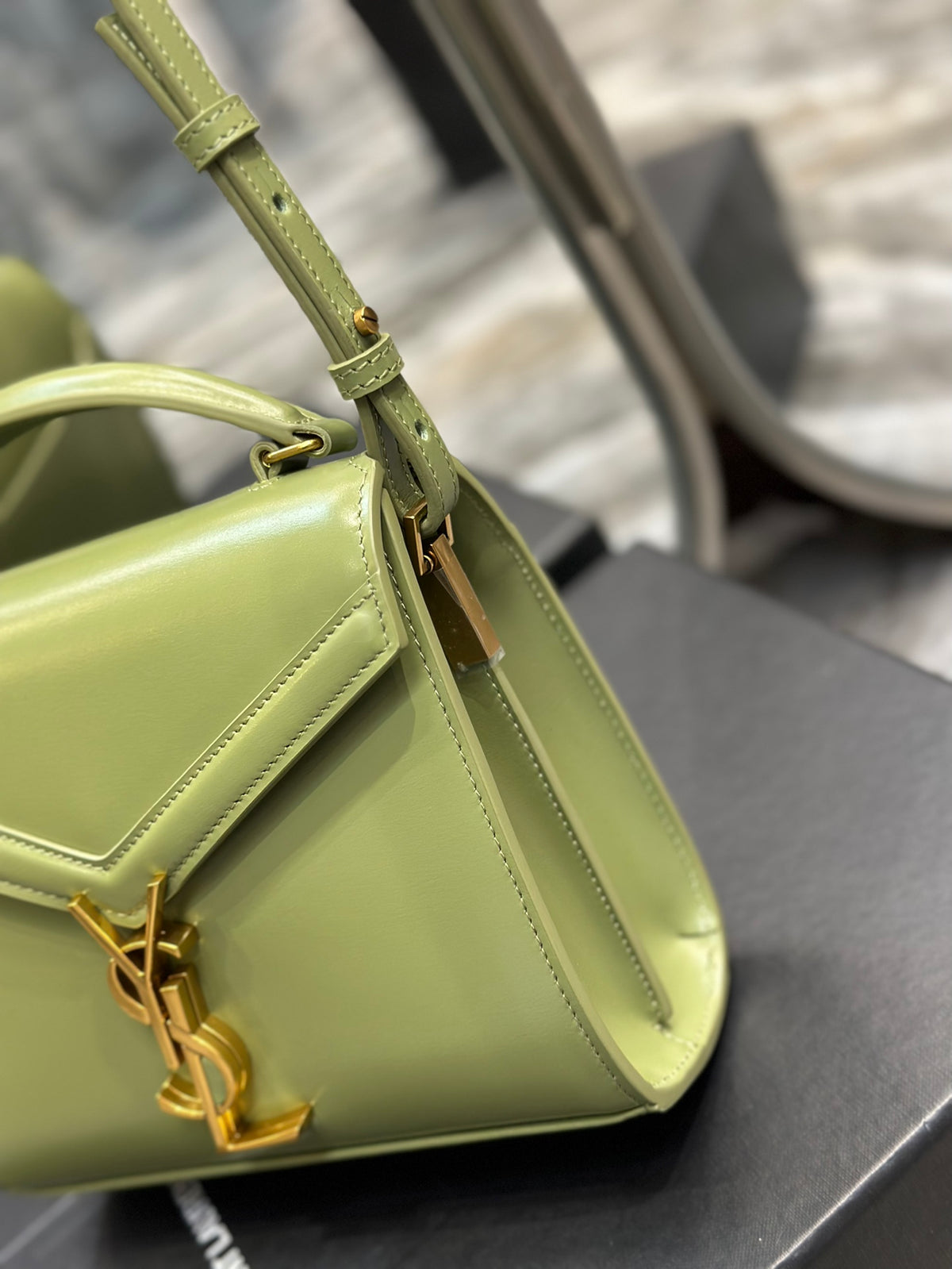 Saint Laurent Cassandra Mini Top Handle Bag in Sage Green Leather