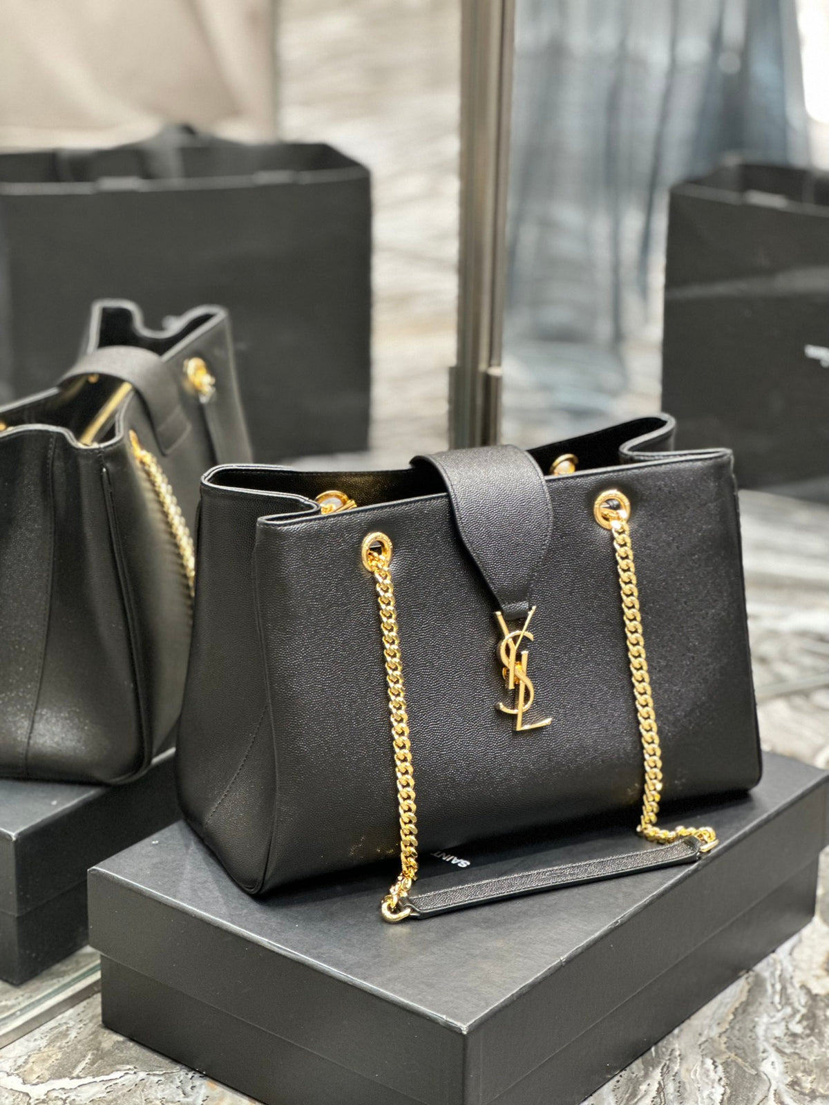 Saint Laurent YSL Black Leather Chain Shoulder Bag with Gold-Tone Hardware