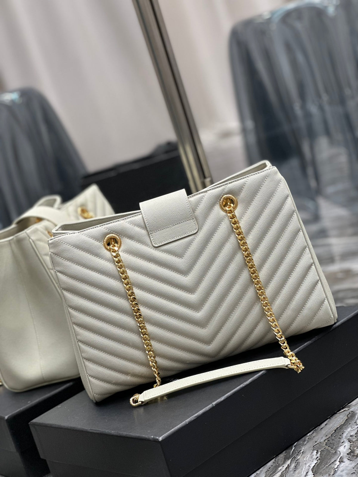 Luxury Quilted Leather Chevron Tote Bag - Cream White Shoulder Bag with Gold Chain Straps