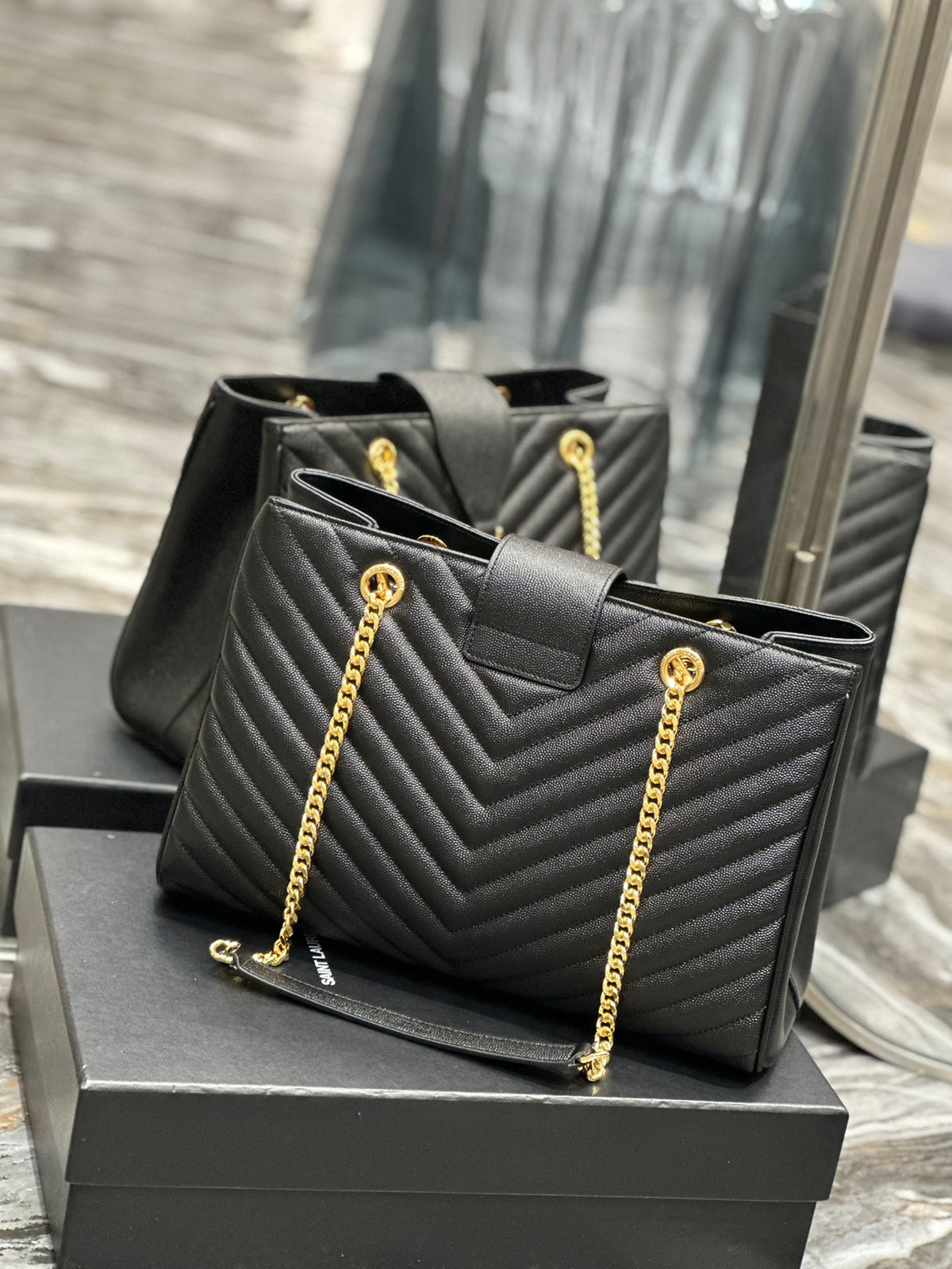 Saint Laurent (YSL) Monogram Quilted Leather Tote Bag - Black