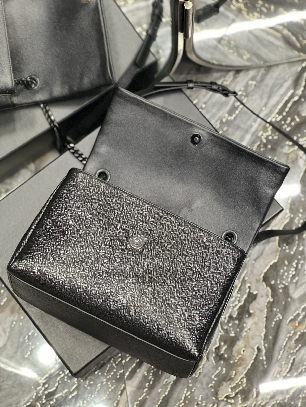 Saint Laurent Monogram Black Leather Flap Shoulder Bag - Tonal YSL Logo