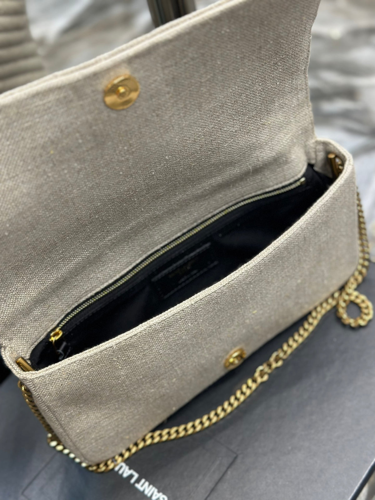 Saint Laurent Cassandre Matelassé Chain Wallet in Beige Grain de Poudre Leather
