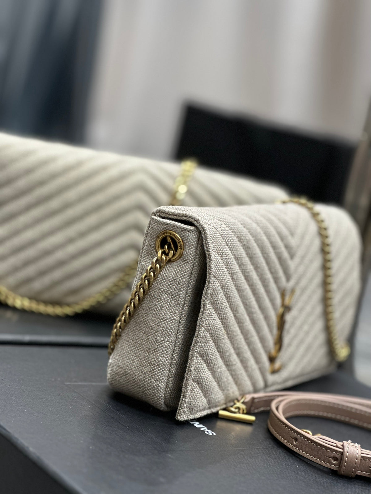Saint Laurent Cassandre Matelassé Chain Wallet in Beige Grain de Poudre Leather
