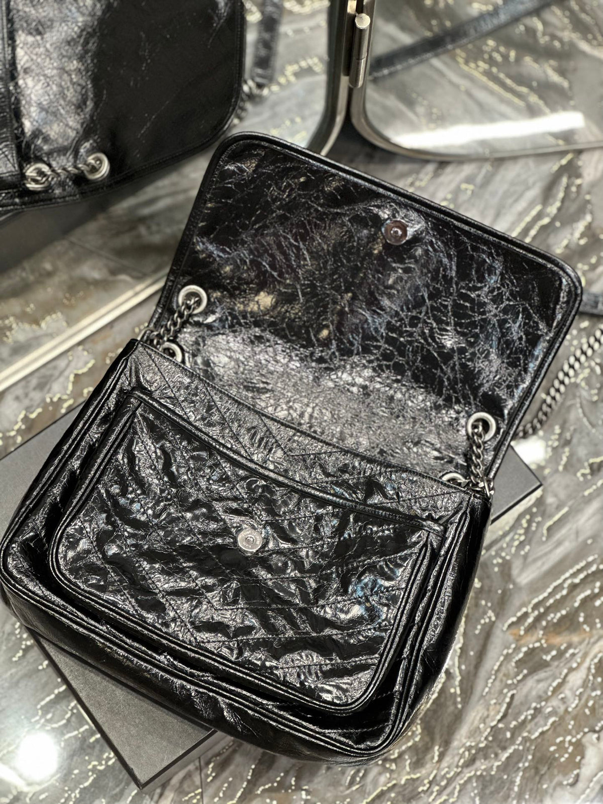 Saint Laurent Niki Medium Shoulder Bag in Black Crinkled Vintage Leather