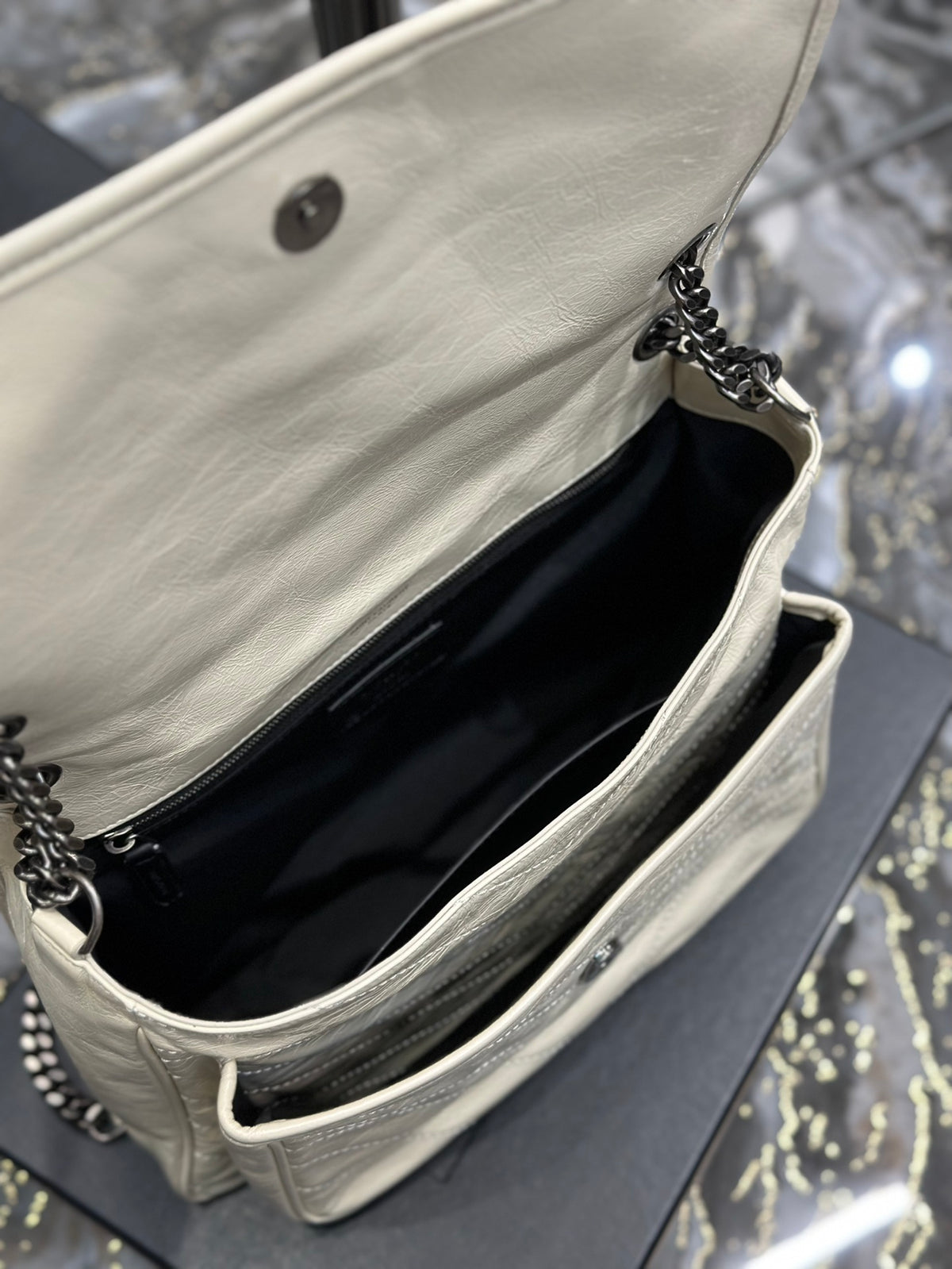Saint Laurent Niki Medium Shoulder Bag in Crinkled Vintage Leather - Off-White