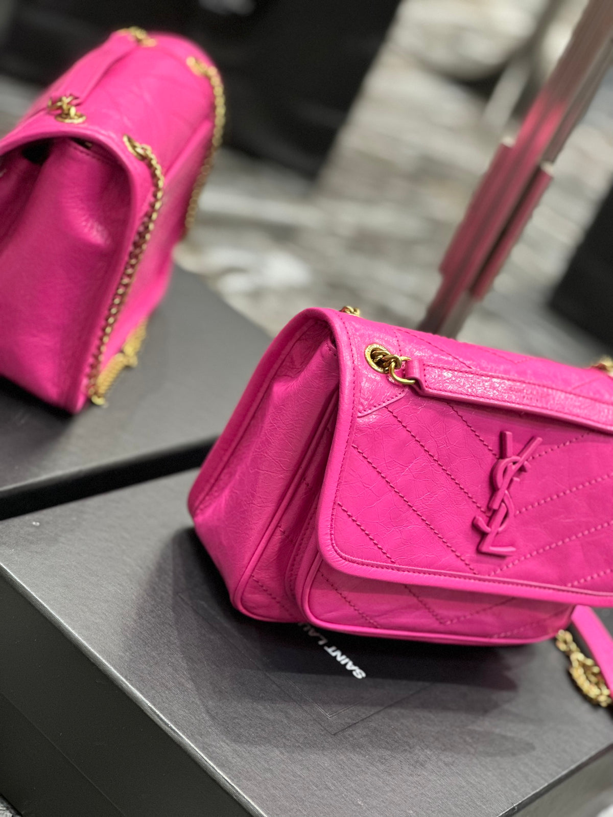 Saint Laurent Niki Medium Chain Bag in Fuchsia Pink Crinkled Vintage Leather