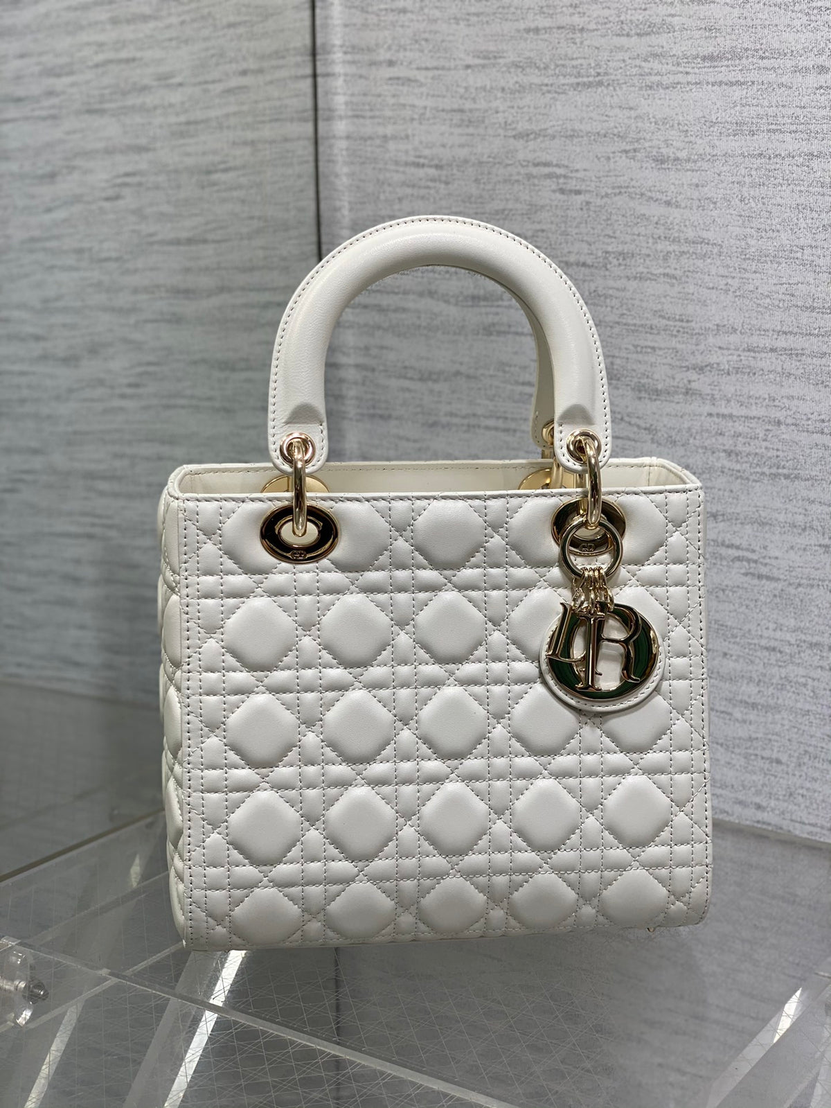 Small Lady Dior Bag - White Cannage Lambskin with Gold-Finish Metal Charms
