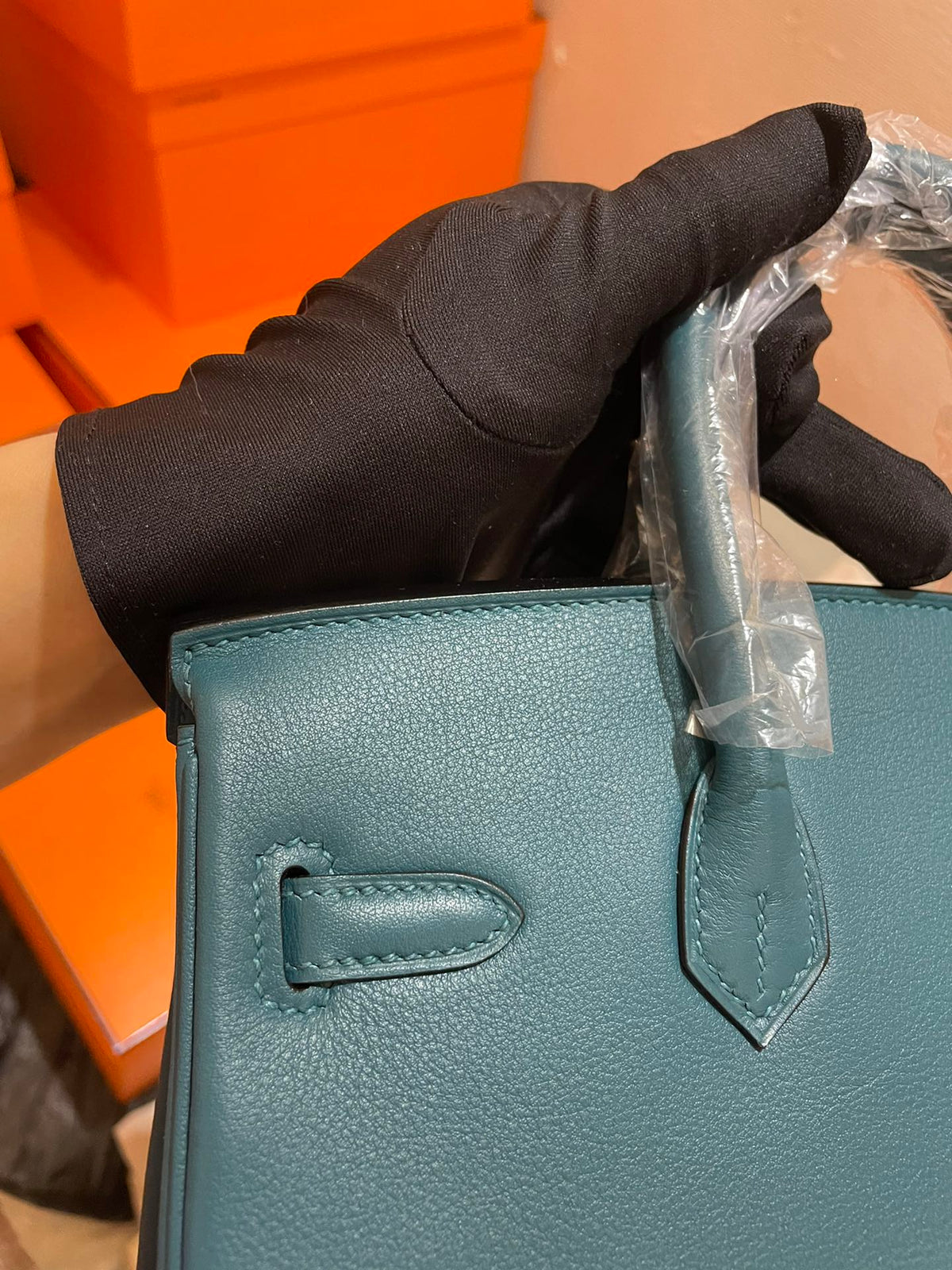 Luxury Teal Blue Leather Top Handle Handbag - Elegant Birkin Style Tote with Hardware