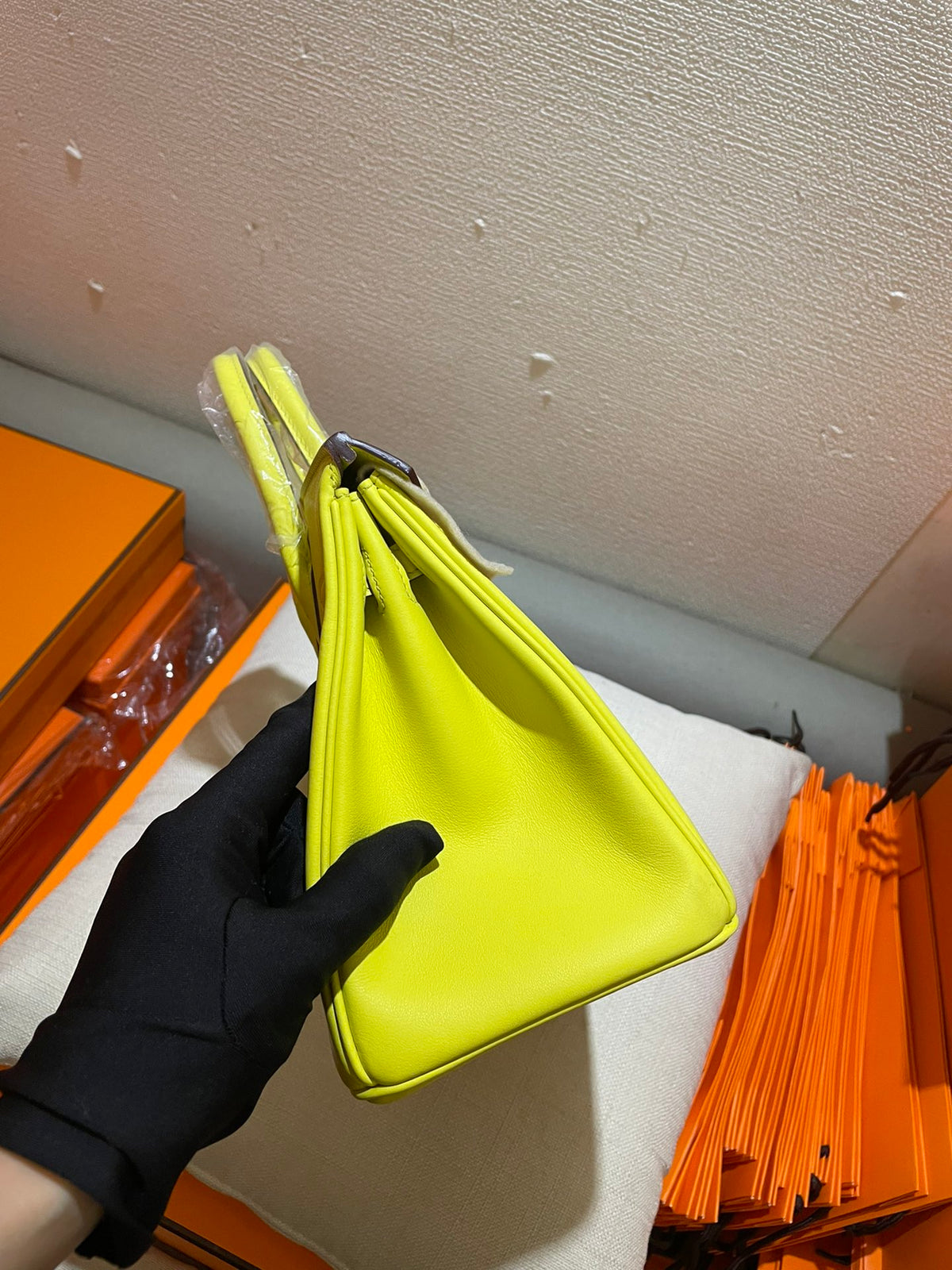 Lime Yellow Premium Leather Top Handle Handbag with Gold-Tone Hardware