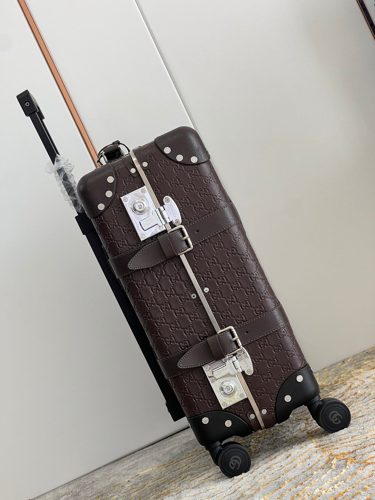 Vintage Brown Embossed Leather Spinner Luggage Suitcase