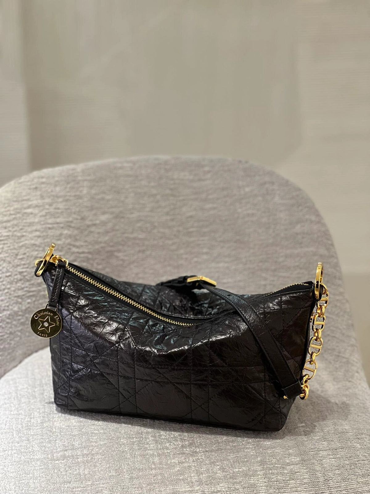 Women's Black Quilted Shoulder Bag with Gold Chain Strap and Charm