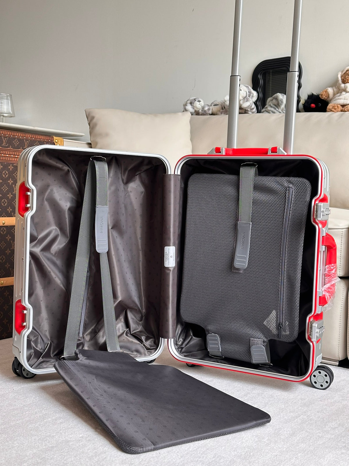 Silver Ribbed Hardside Spinner Suitcase with Red Accent Handle