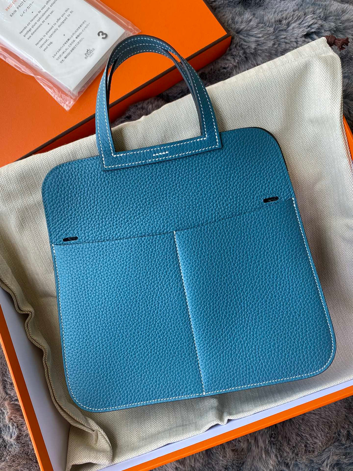 Hermès Blue Grained Leather Handbag with Palladium Buckle Detail