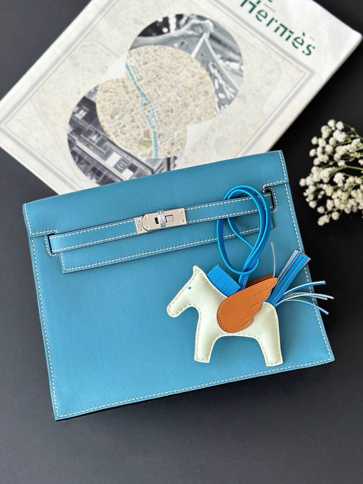 Luxury Blue Leather Top-Handle Handbag with Gold-Tone Hardware