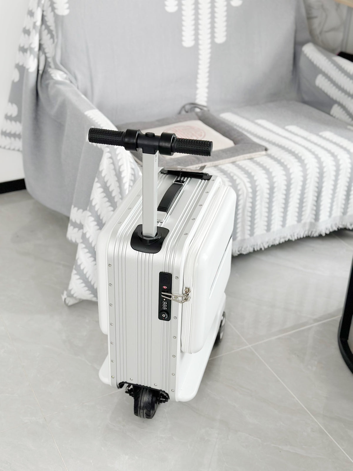 White Electric Ride-On Scooter Suitcase Hardshell Carry-On Luggage