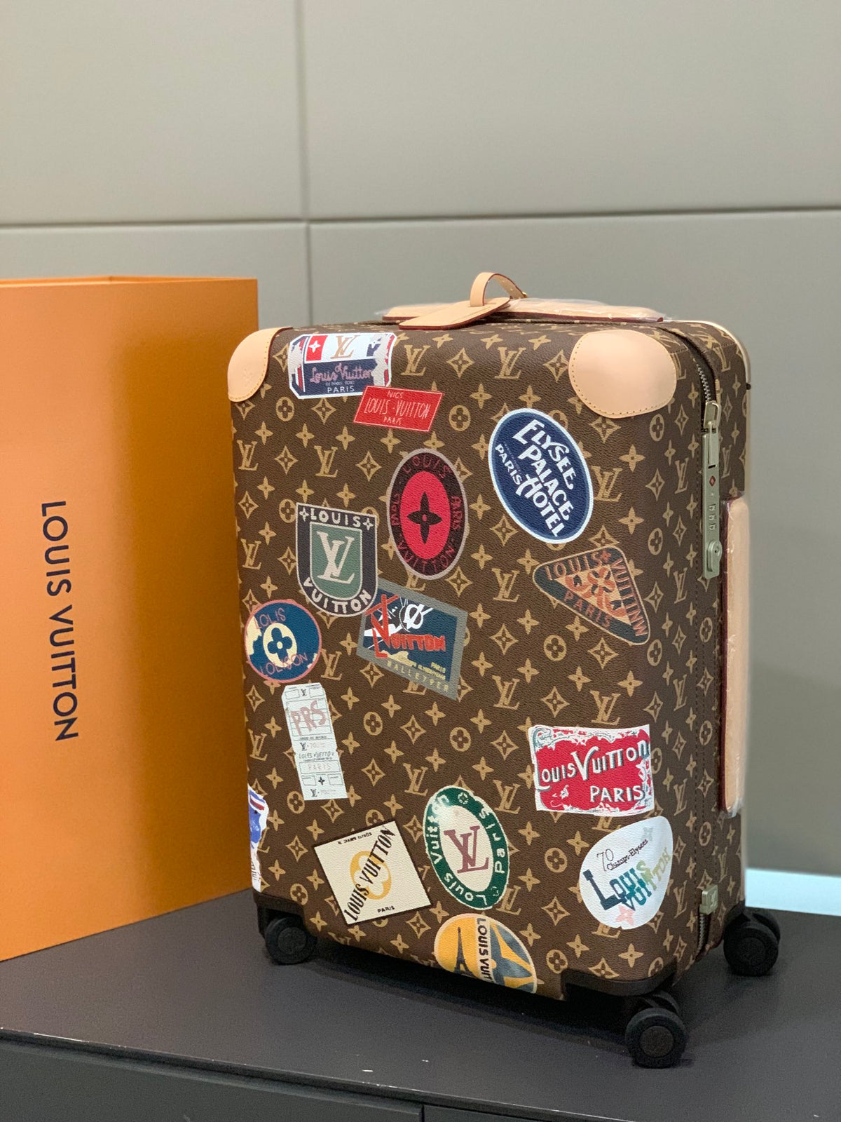 Vintage Monogram Rolling Luggage with Retro Travel Patches