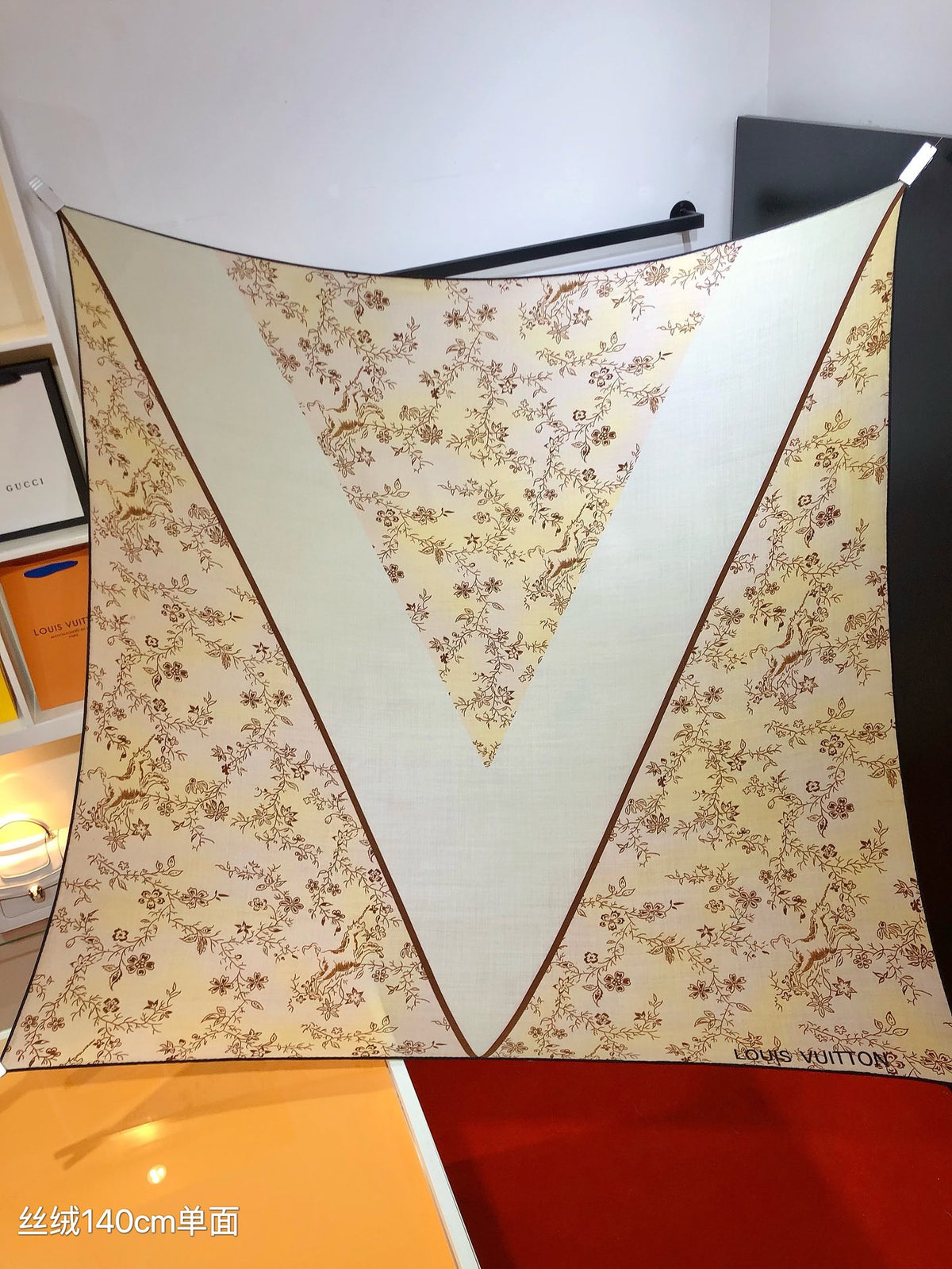 Louis Vuitton Floral Silk Scarf - Designer Logo Print Neck Scarf for Women, Cream and Navy Blue