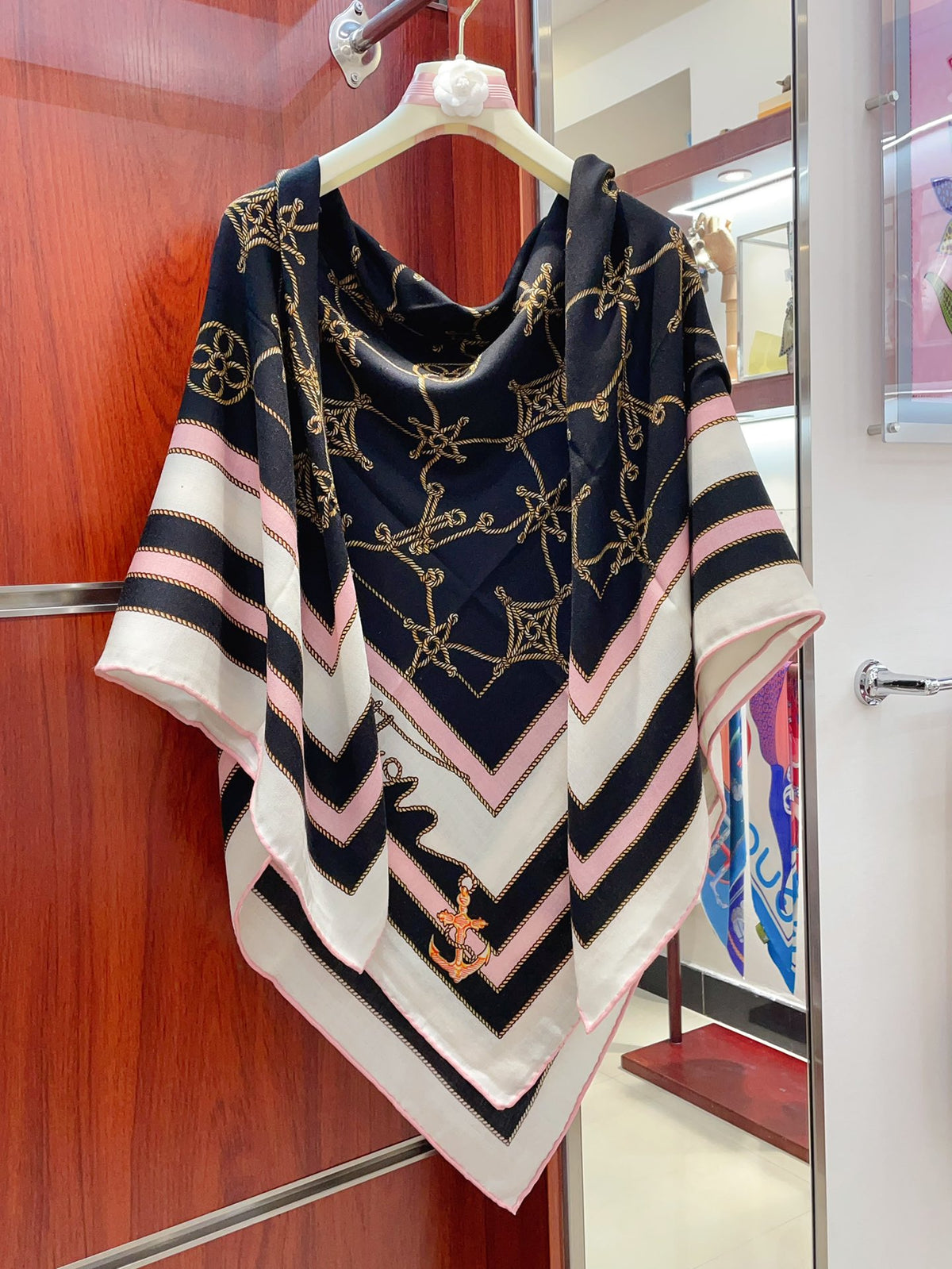 Women's Elegant Large Scarf Shawl - Black, Pink and White Geometric Chain Print Wrap for Ladies
