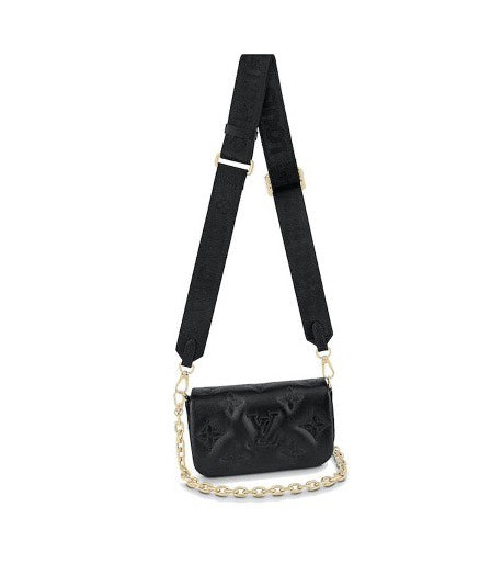 Women's Black Quilted Crossbody Shoulder Bag with Wide Webbing Strap &amp; Gold Chain Detail